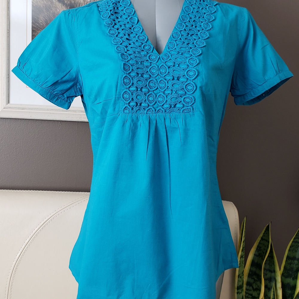Jessica Turquoise  Cotton Lace V-Neck Blouse